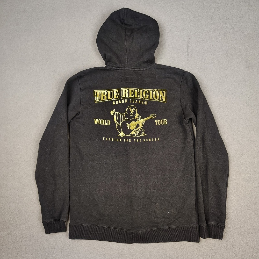 True Religion Full Zip‎ Hoodie Women Medium Black Gold Buddha Logo Distressed